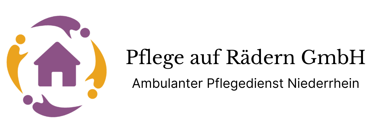 Logo for Pflege auf Rädern GmbH, featuring a purple house within a ring of figures in purple and orange.