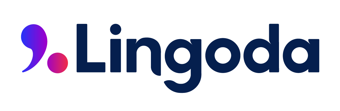 Das Lingoda-Logo mit einem farbverlaufenden Komma und Punkt neben dem Wort „Lingoda“ in Dunkelblau.