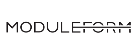 Logo für „MODULEFORM“, Text, der von horizontalen Linien durchschnitten wird.