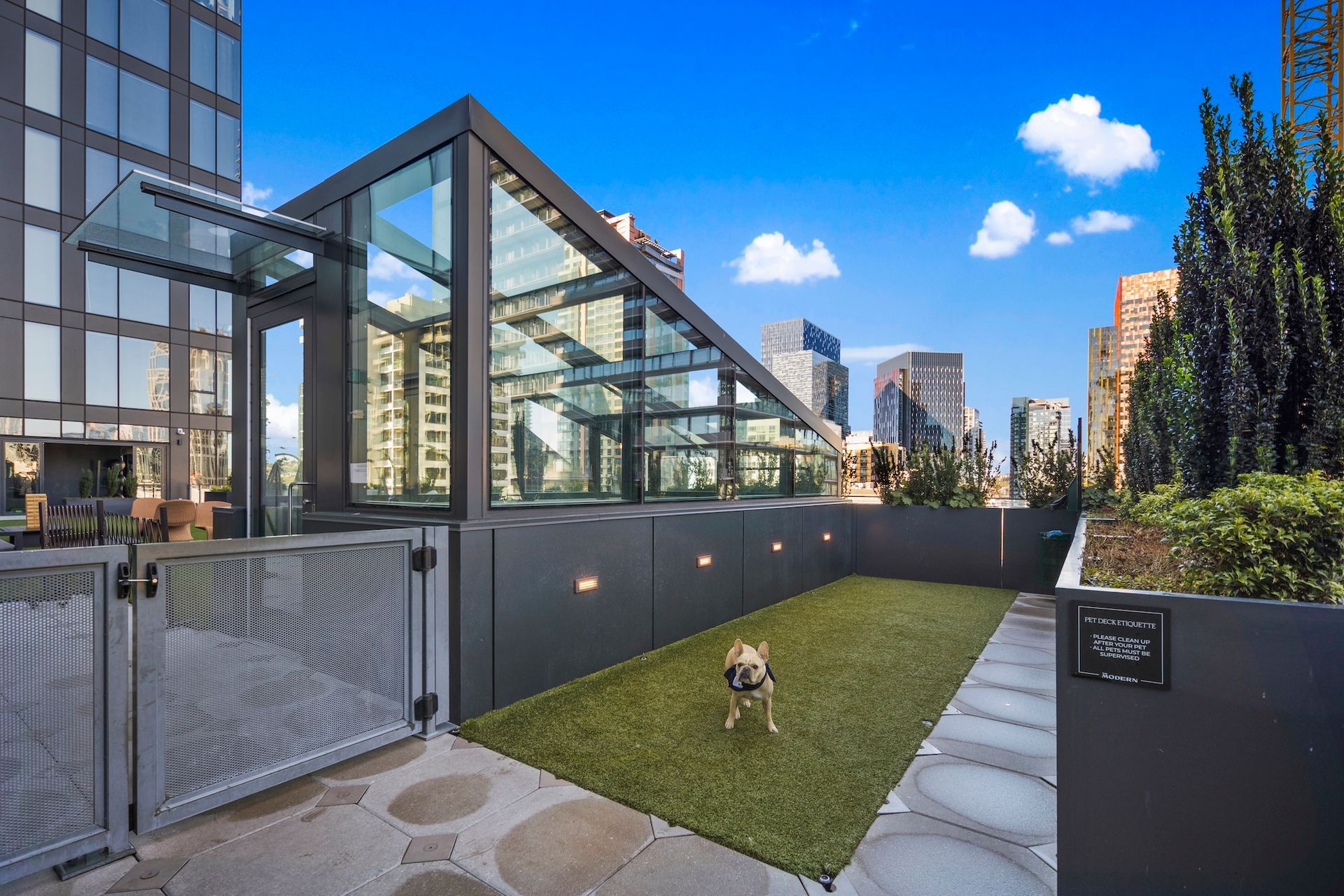 Modern urban rooftop terrace with glass walls, grassy path, and city buildings under a blue sky.