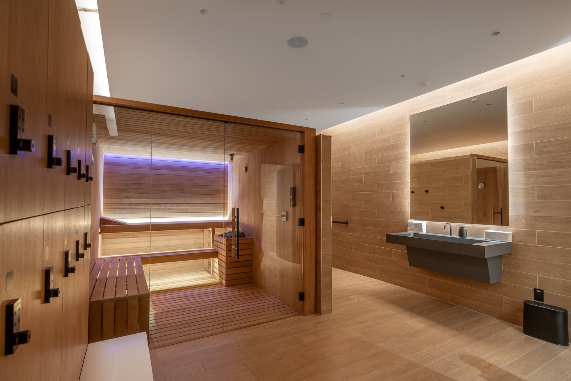 Modern spa with wooden sauna benches, soft lighting, and a stone sink area