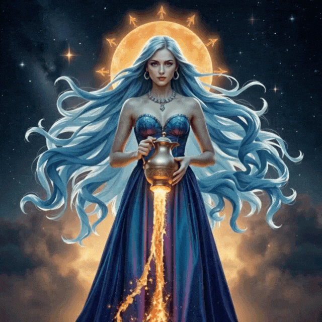 Woman in blue dress pours golden liquid from a jug. Bright sun and stars in the background.