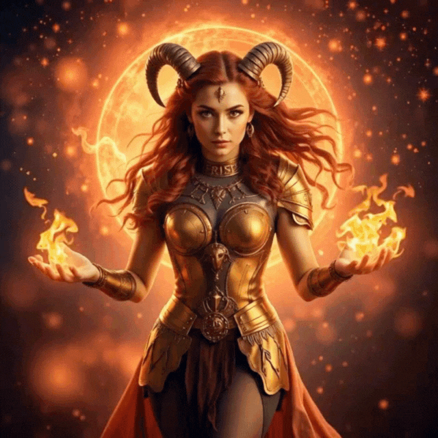 Woman with horns and golden armor, summoning fire, set against an orange cosmic background.