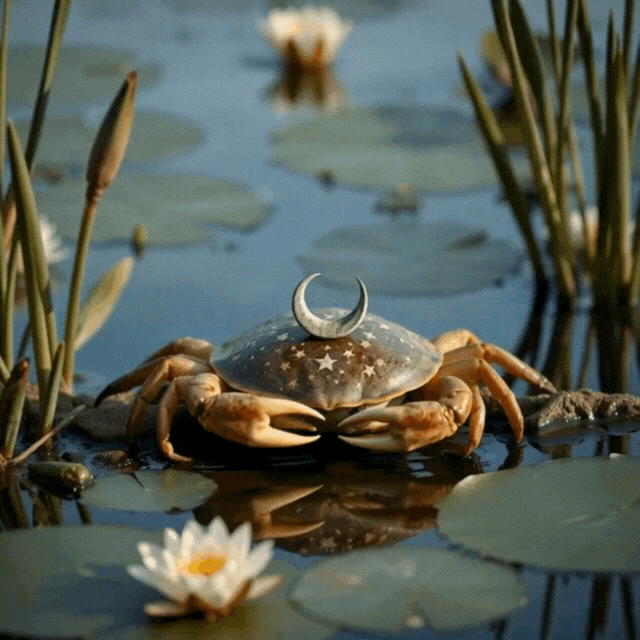 Crab with a crescent moon adornment on its shell, floating in water among lily pads and flowers.