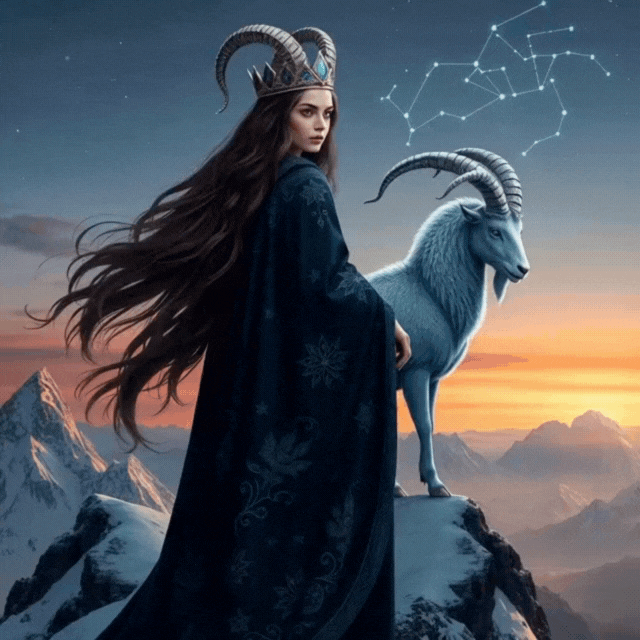 Woman with long hair and horns stands on snowy peak with goat, Capricorn constellation in sky.