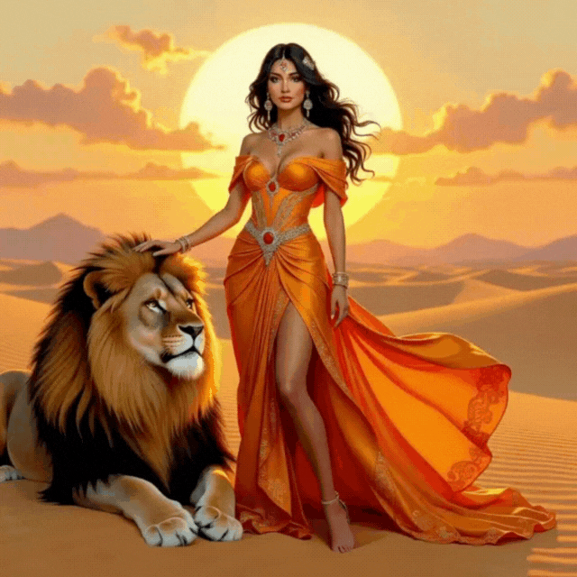 Woman in orange dress with a lion in a desert setting at sunset.