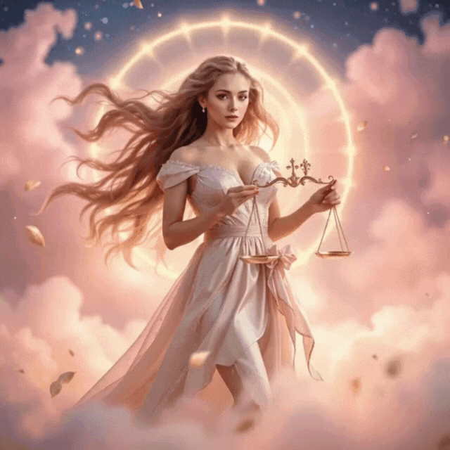 A woman in a flowing dress holds scales amidst clouds, surrounded by a halo.
