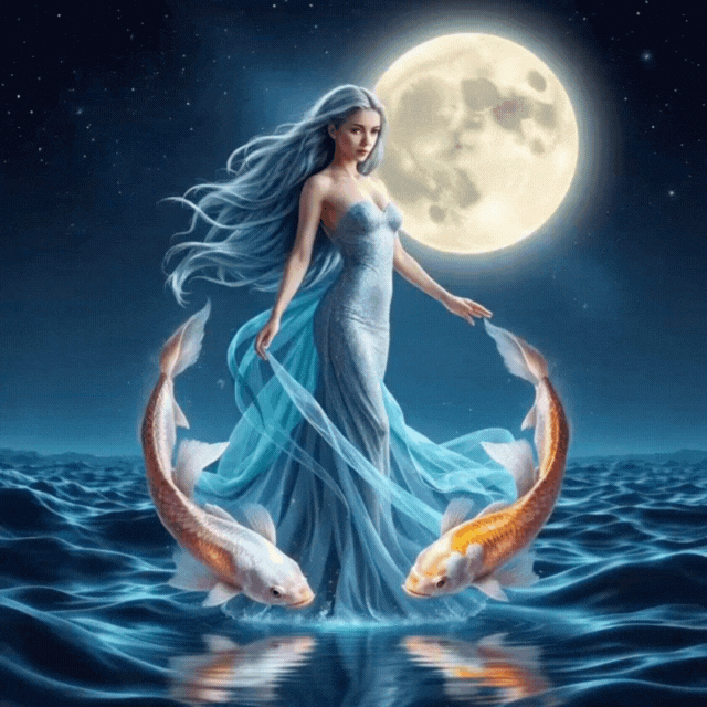 Woman in blue gown with flowing hair, standing in water, encircled by two koi fish, full moon in background.
