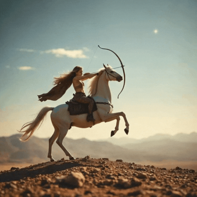 Woman with long flowing hair, riding a white horse and drawing a bow, under a sunny sky.