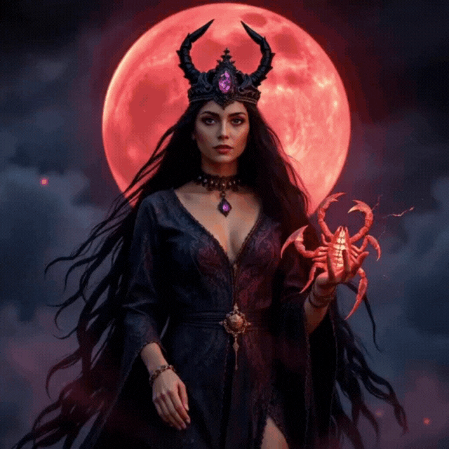Woman with dark hair, a horned crown, and black dress, holding a glowing scorpion against a red moon.