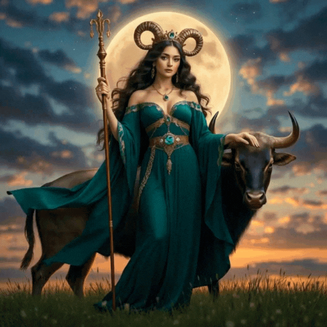 Woman in teal dress with bull, horns, and staff, standing before a moon in a field at sunset.