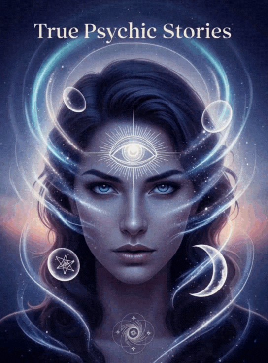 Woman with blue eyes and glowing aura, titled