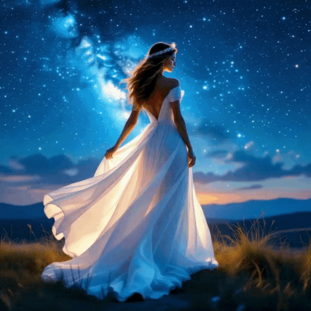 Woman in white dress, back to camera, stands on a grassy hill under a starry night sky.