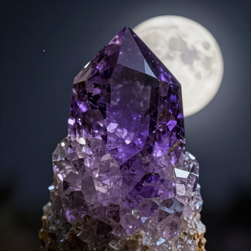 Purple crystal point with a moon in the background
