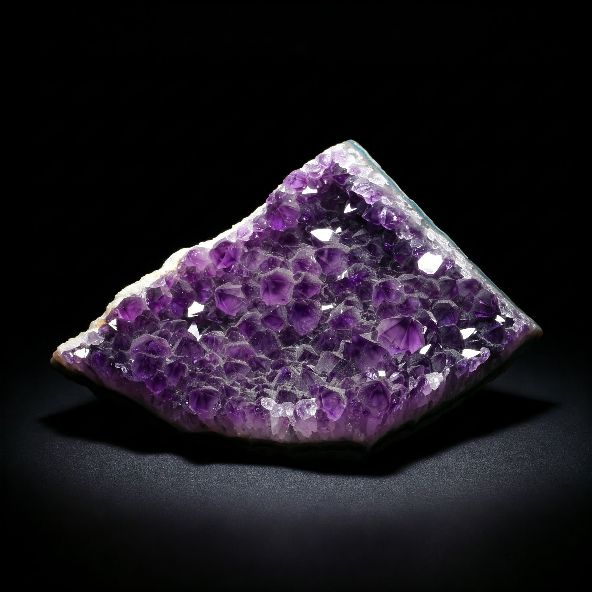 Close-up of a jagged amethyst geode with numerous purple crystals.  Set against a dark background.