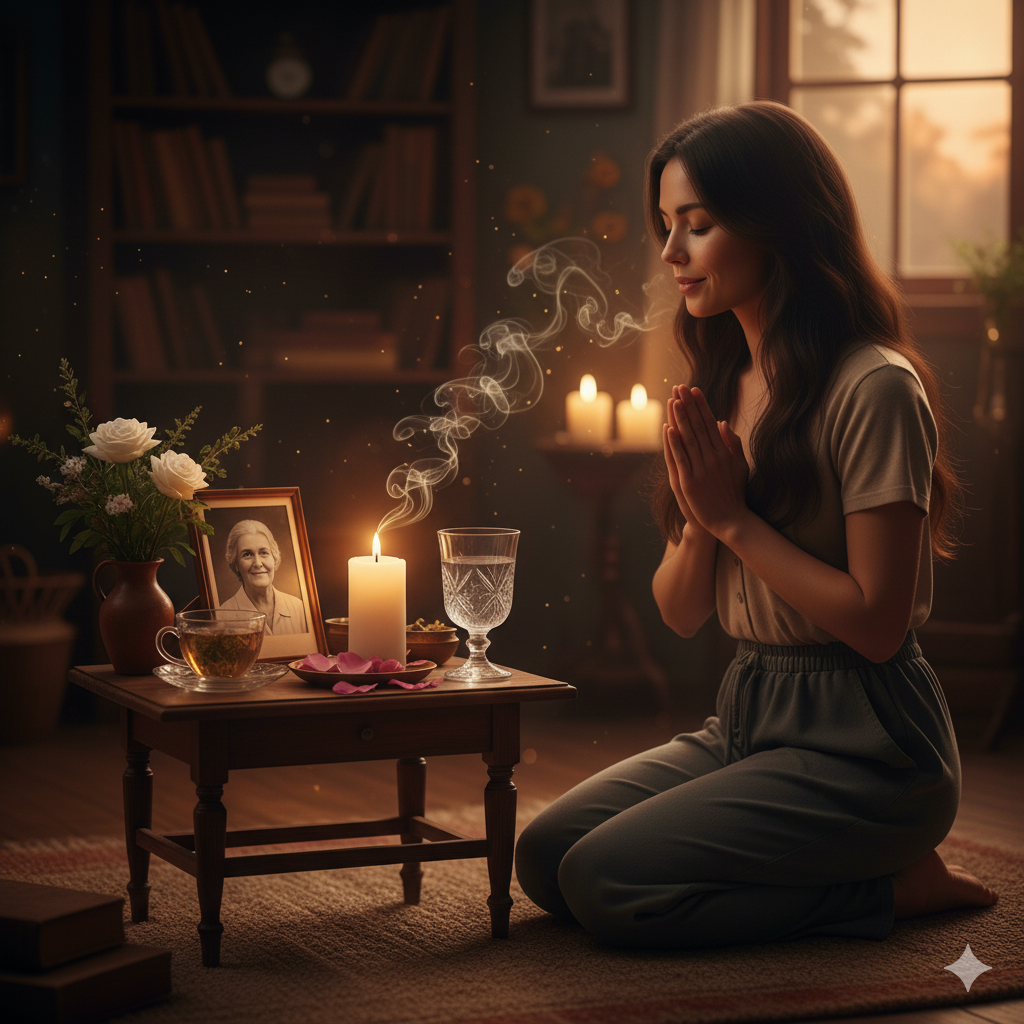 Woman kneeling in prayer before a candle, photo of a person, and a glass of water. Soft lighting.