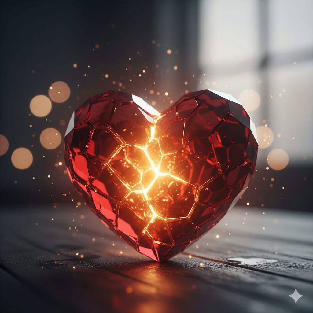 A red crystal heart cracked open, glowing with light on a dark wooden surface.