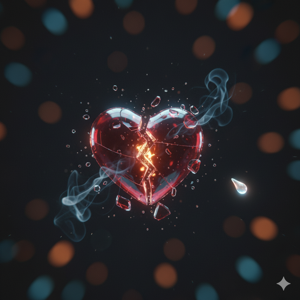 Cracked red heart with lightning, smoke, and droplets against a dark background with blurred lights.