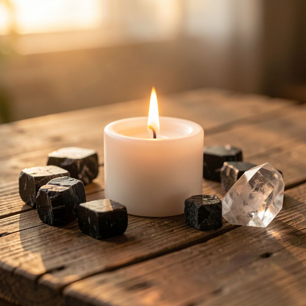 Lit white candle on a rustic wooden table, surrounded by dark and clear crystals.