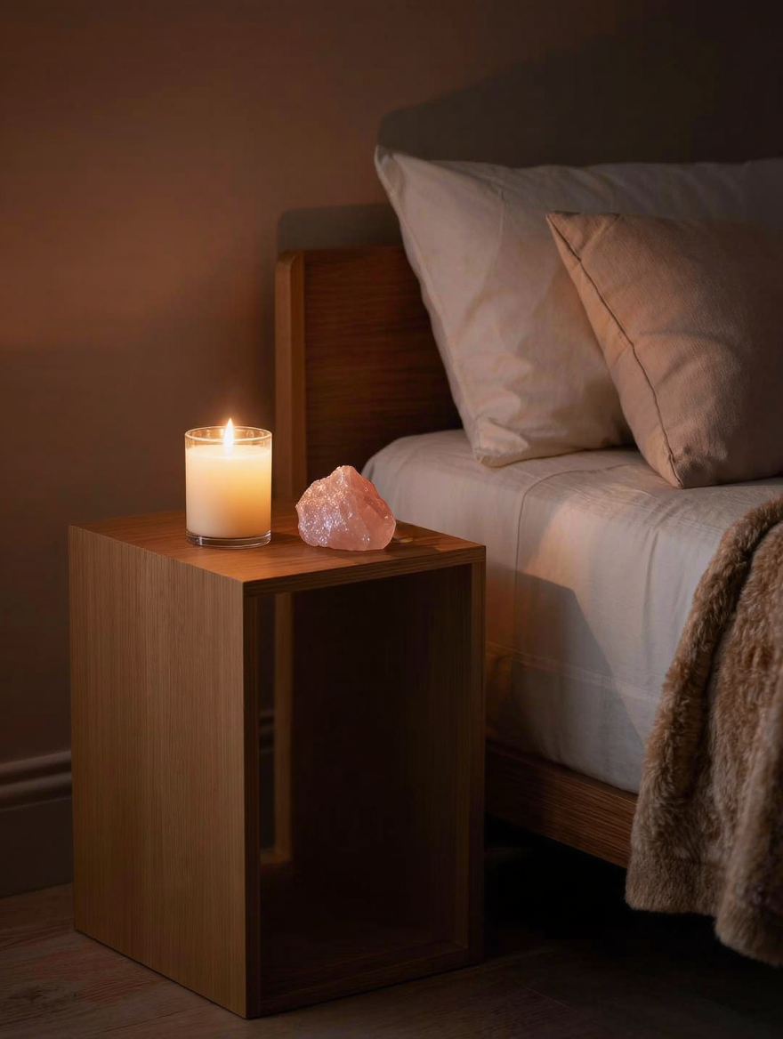 Cozy bedroom nightstand with lit candle and pink crystal beside a bed with white linens and a brown throw blanket