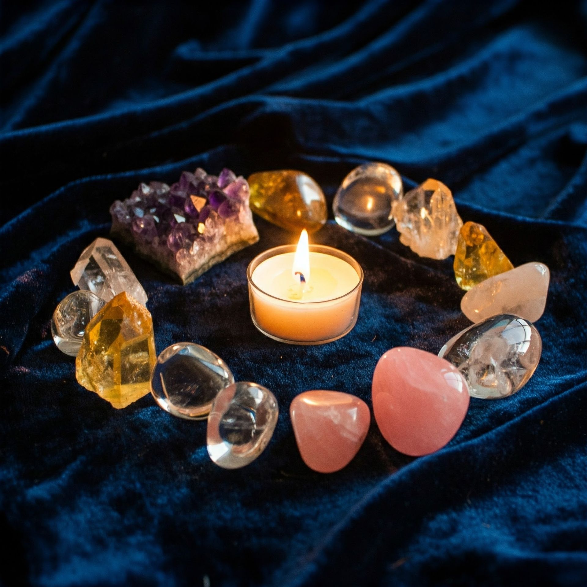 A lit candle surrounded by a circle of colorful crystals on a deep blue velvet cloth.