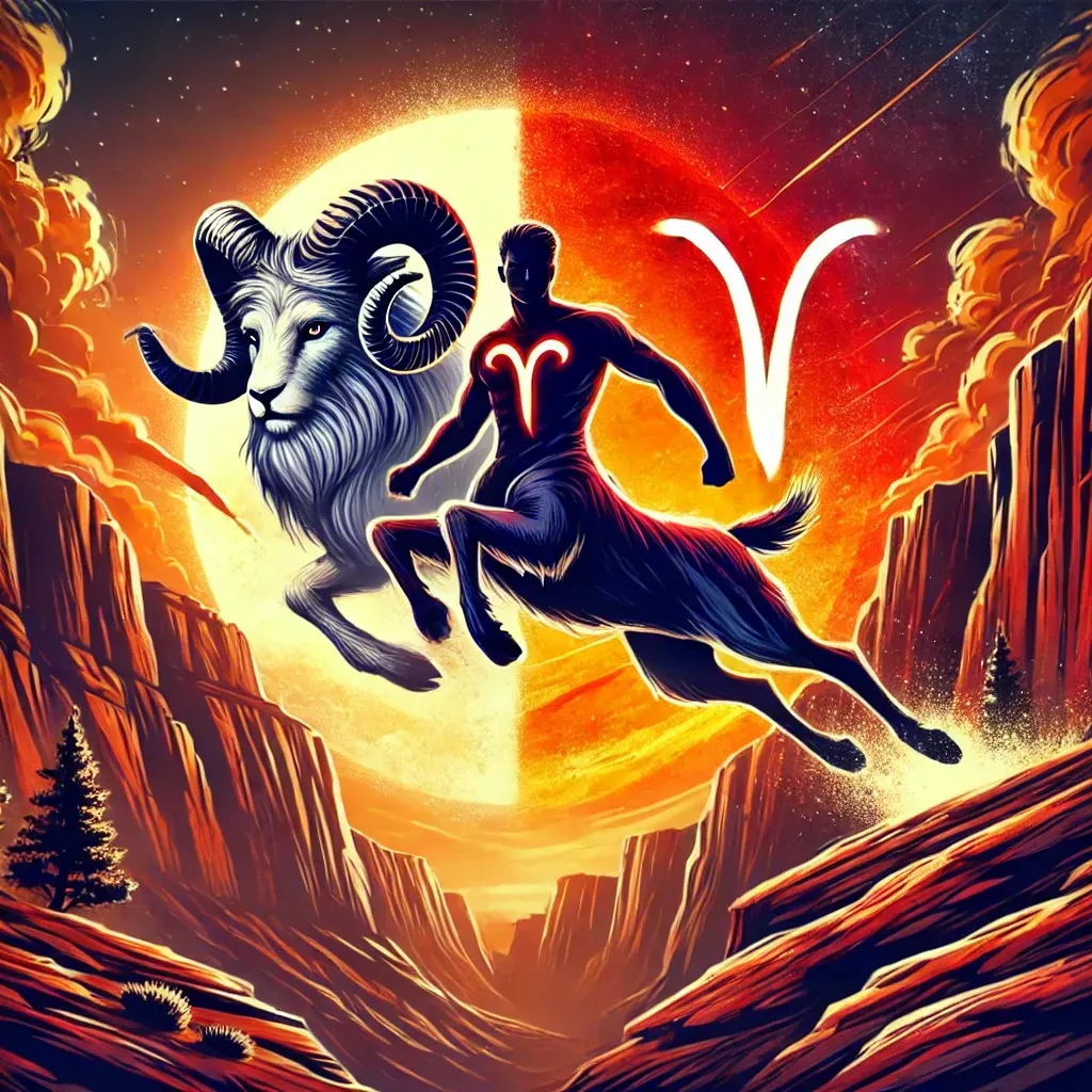 Aries zodiac art: A centaur-like figure and ram leaping against a fiery sunset, with Aries symbol.