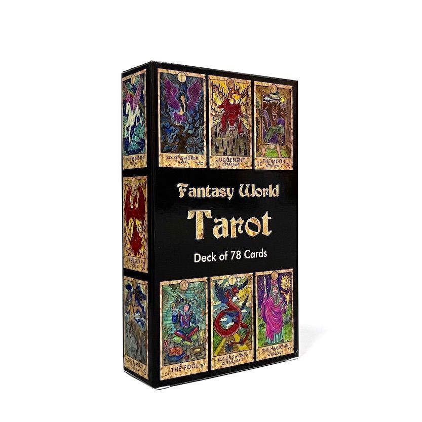 Fantasy World Tarot deck box with colorful tarot card artwork on a black background
