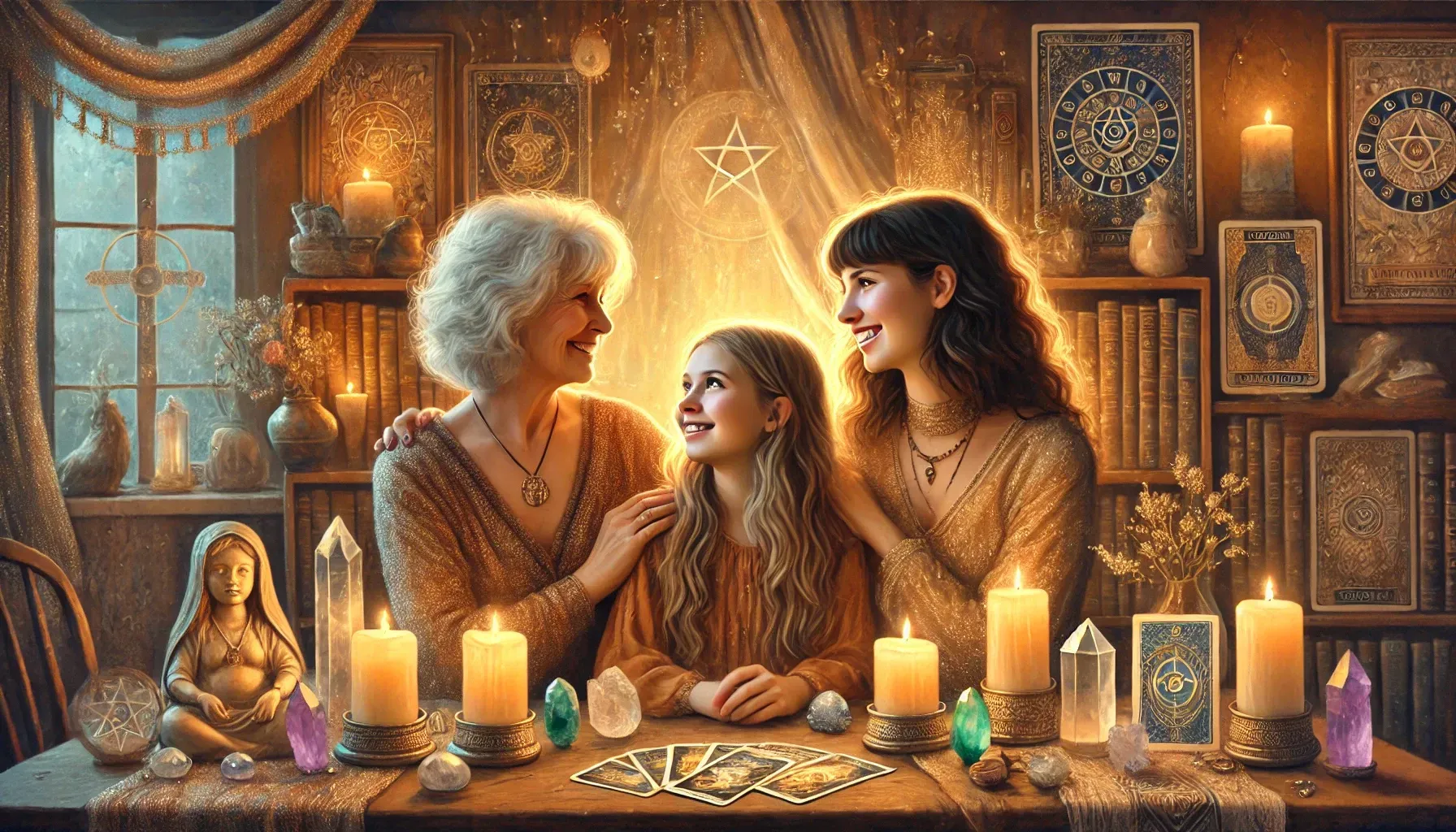 Three people smiling together at a table with candles, crystals, and tarot cards in a warm, mystical, wood-paneled room.