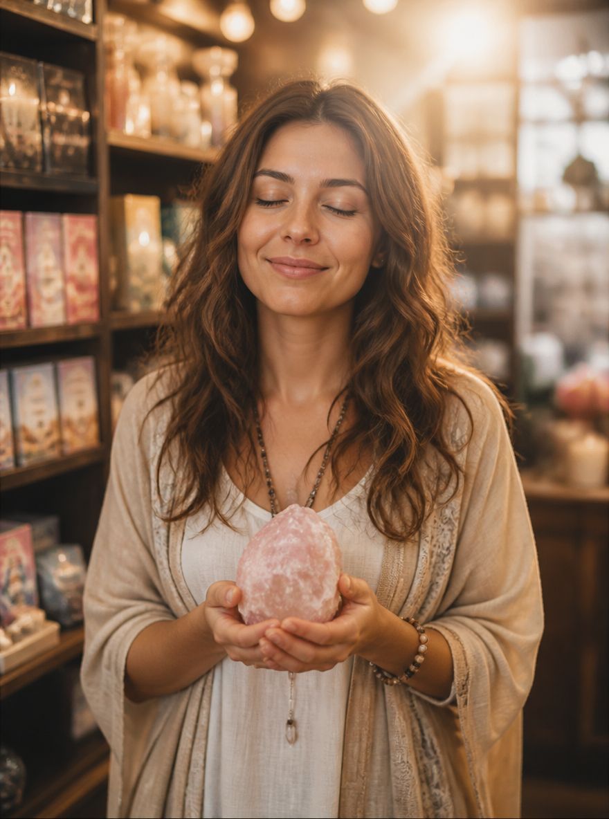 Woman holding a pink crystal in a warmly lit shop with shelves of crystals behind her