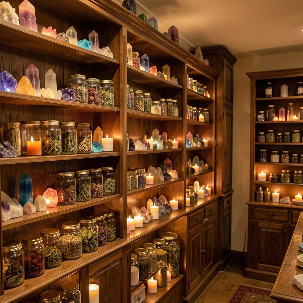 Warm lit apothecary shelves filled with jars, crystals, and glowing bottles in a cozy shop interior
