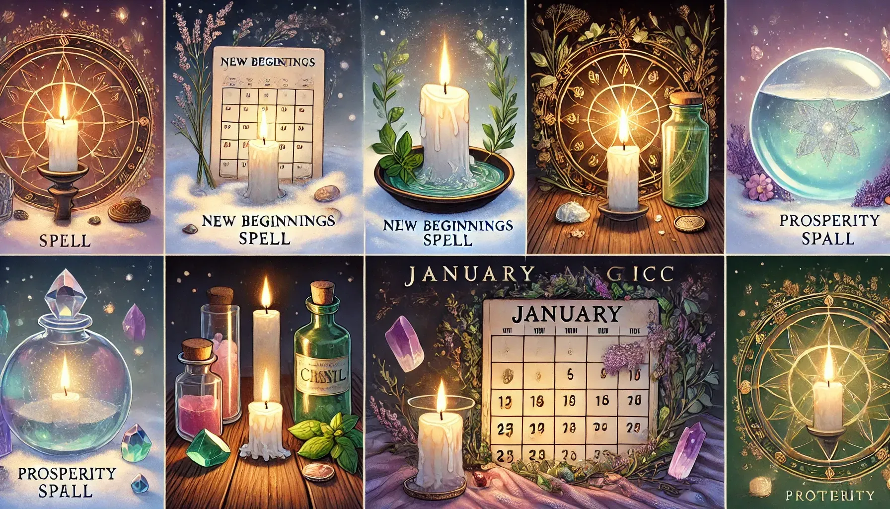 A calendar for the month of january with candles and crystals