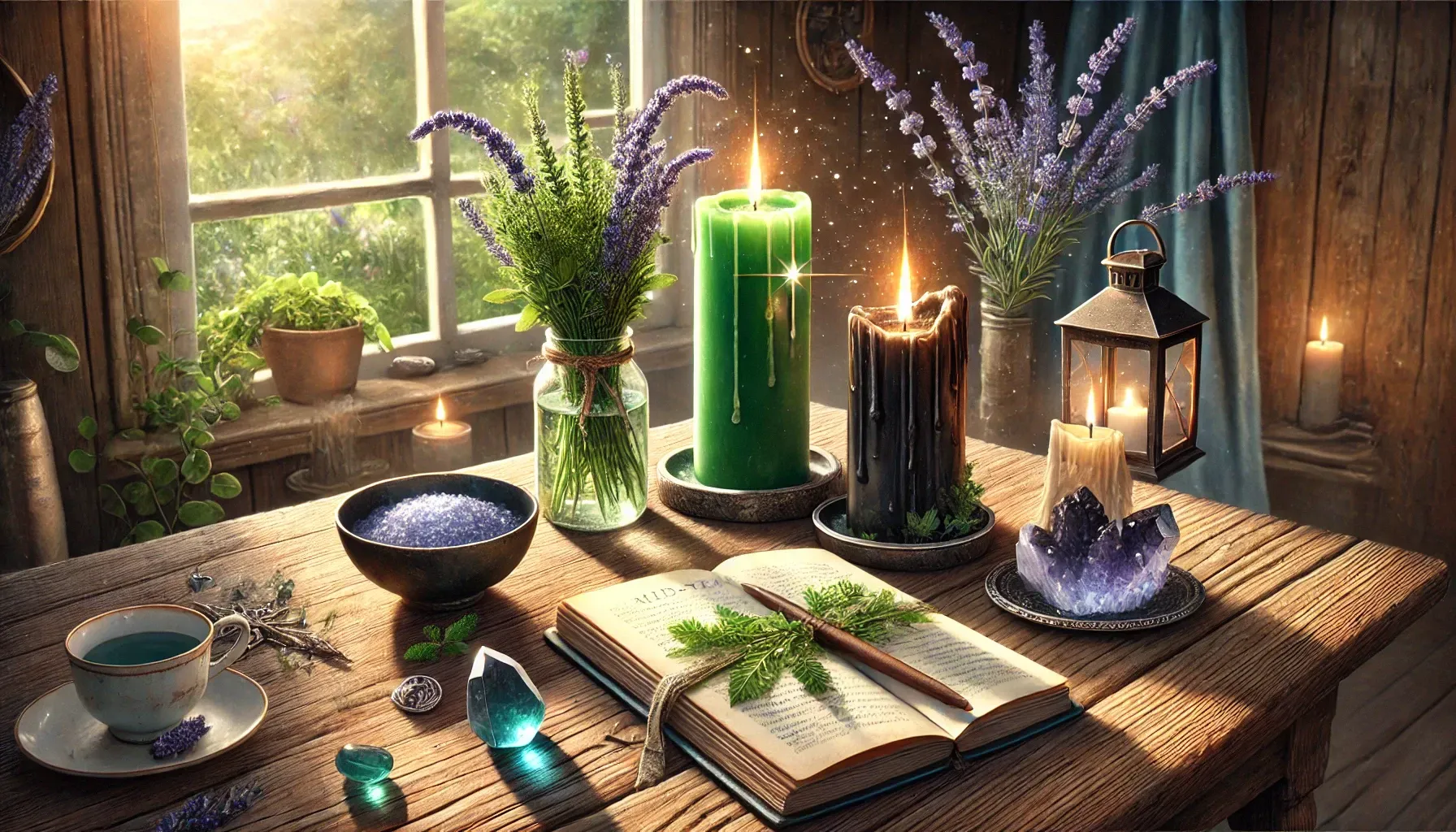 A wooden table with candles , flowers , a book and a vase of flowers on it.