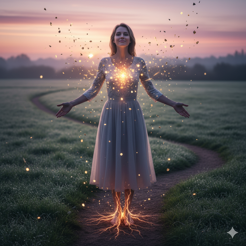 Woman radiating golden light in a field, arms outstretched, roots extending from her feet. Dusk setting.