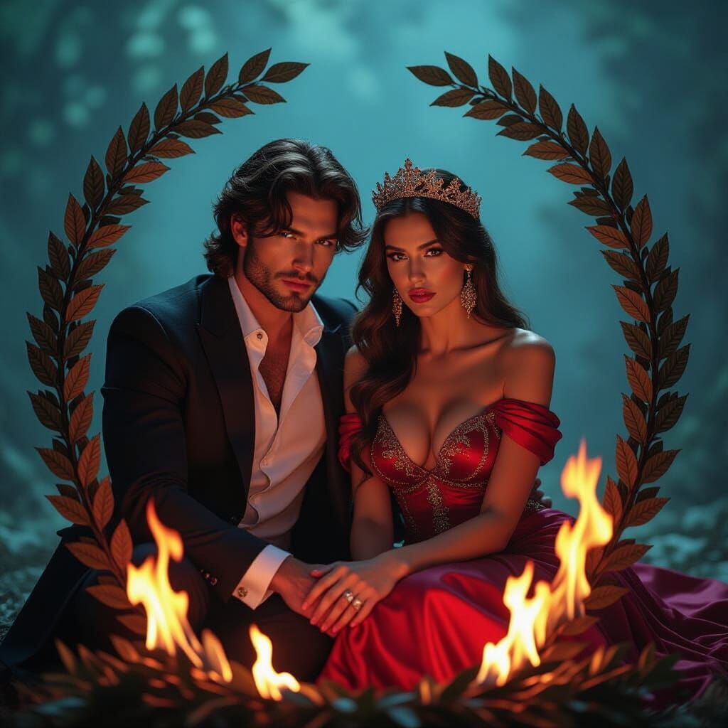 A man and woman in formal attire sit before a fire, framed by a wreath. The woman wears a crown and red dress; the man, a suit.