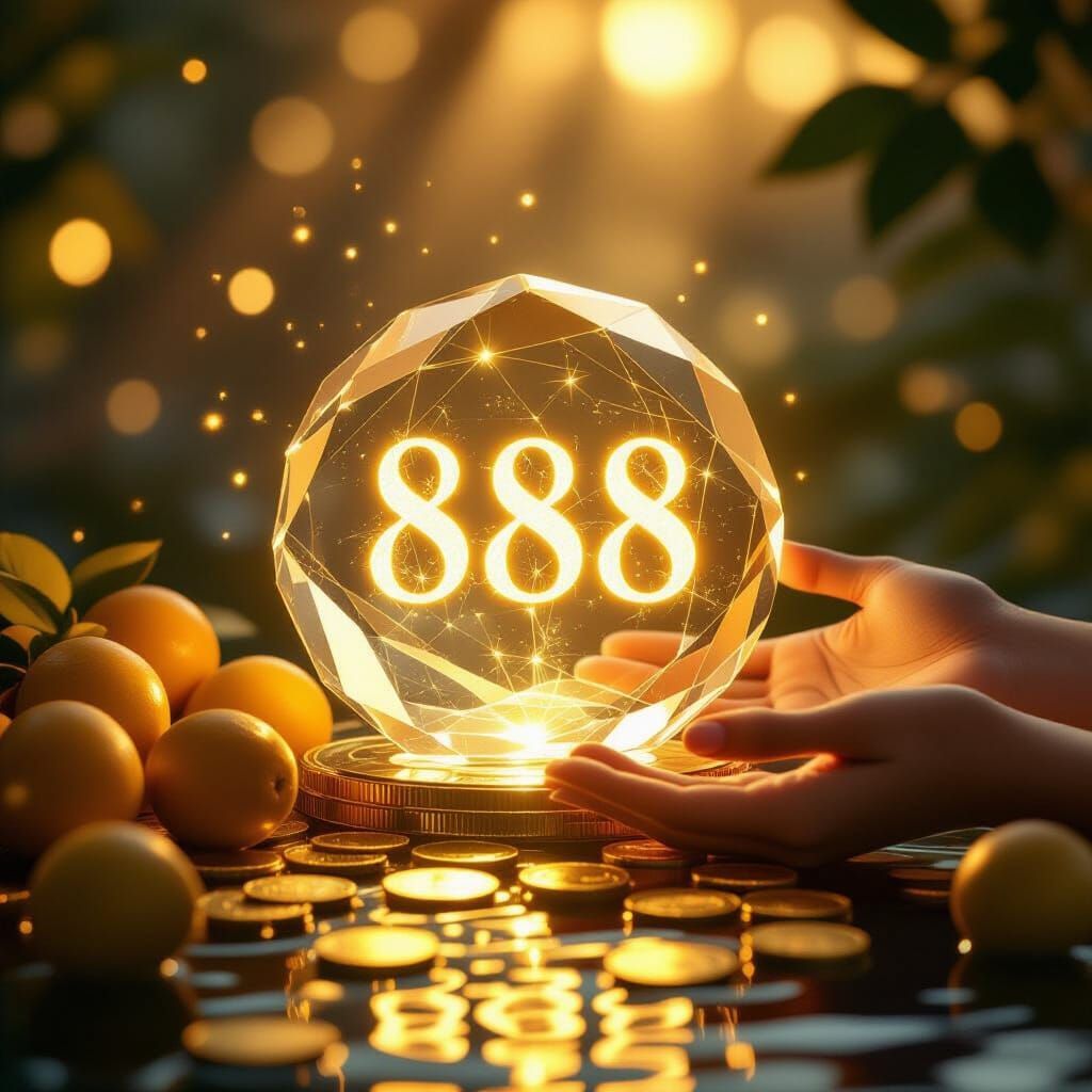 A person is holding a crystal ball with the number 888 on it