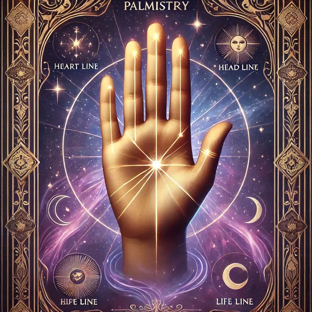 A stylized palmistry illustration. A glowing hand is superimposed over a celestial background, highlighting lines and astrological symbols.