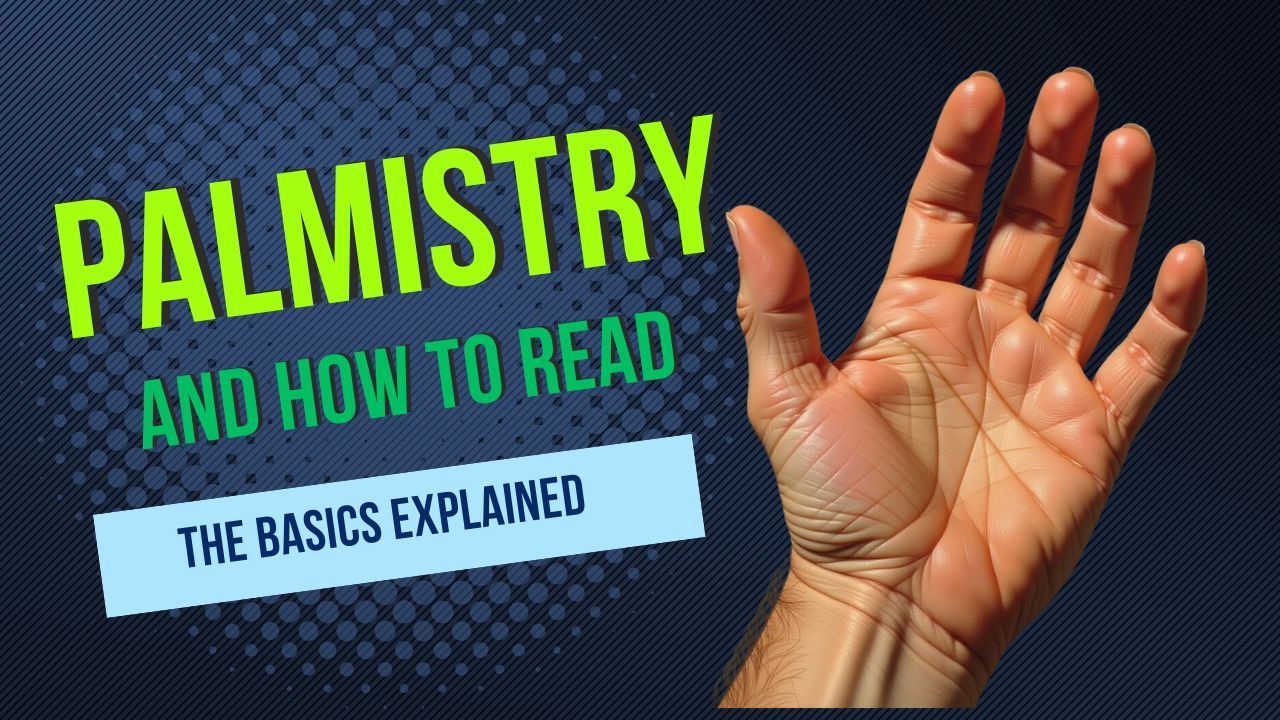 Palmistry guide: a hand with highlighted lines next to a title that reads 