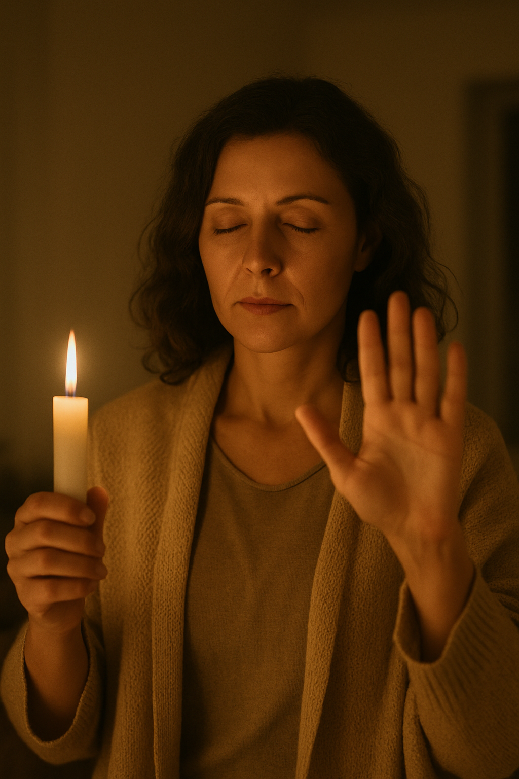 Woman holding a lit candle, hand raised. Eyes closed, in a dimly lit space.