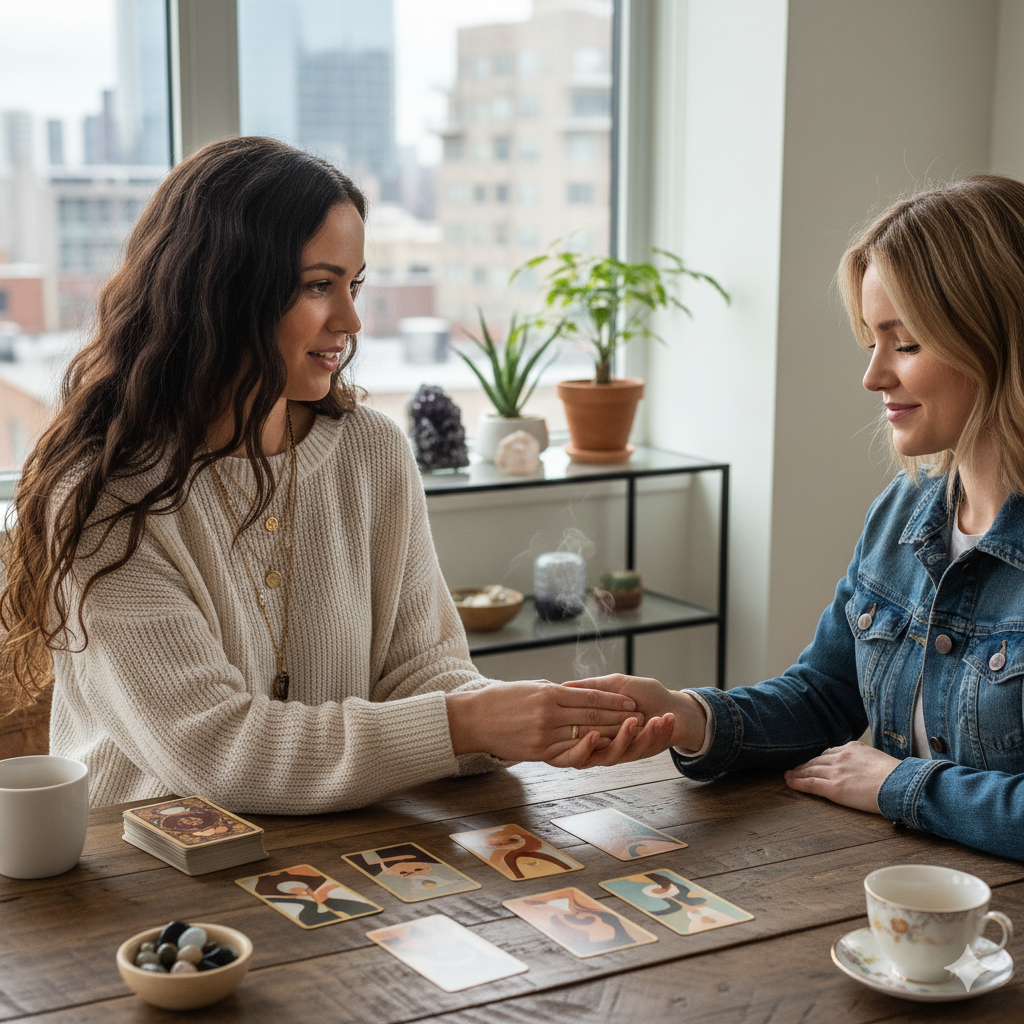 Two women at a table; one reads the other's palm while tarot cards are visible. Urban setting, bright natural light.