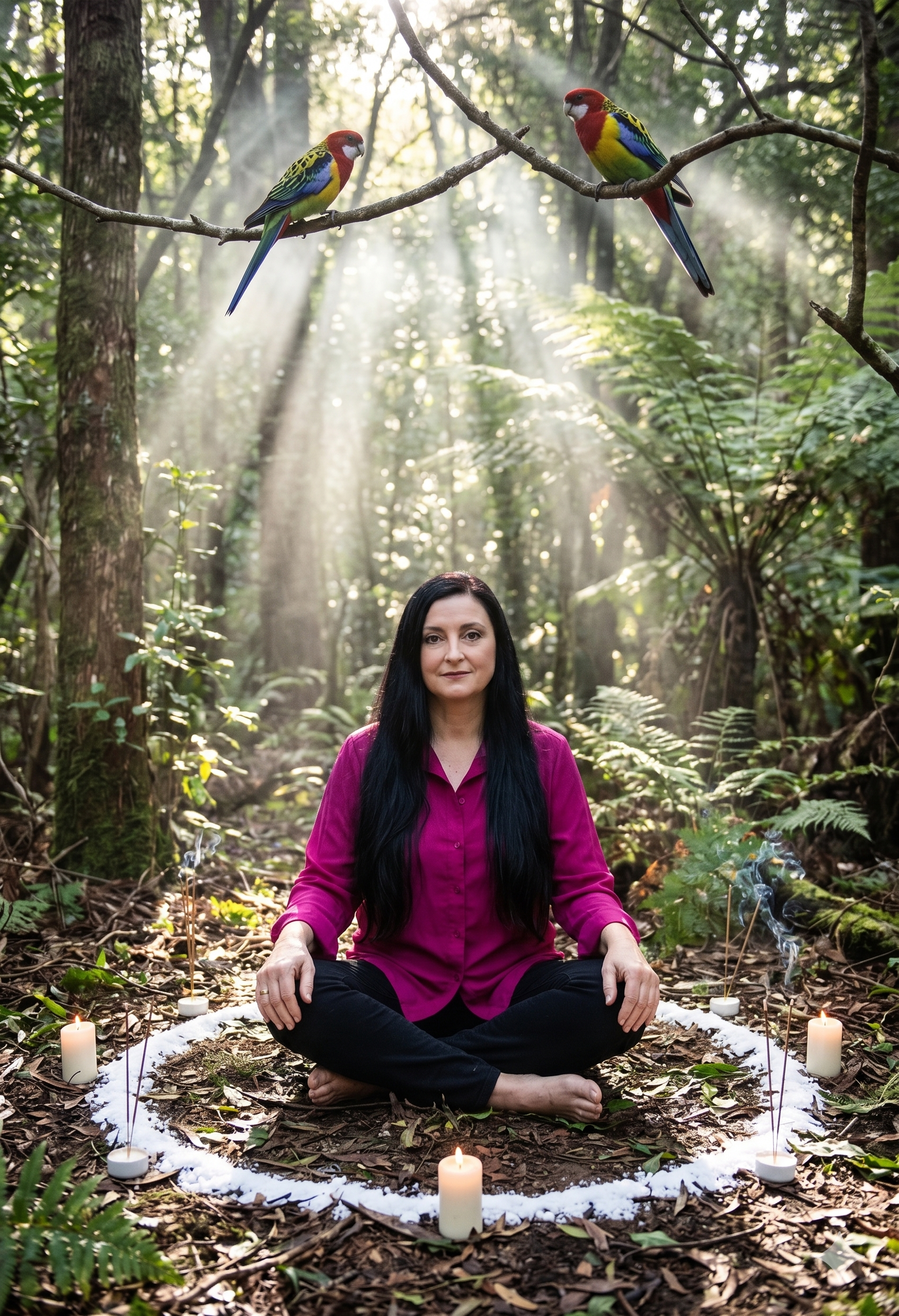 Woman meditating cross-legged in a forest circle, with candles, sunlight beams, and two colorful parrots overhead