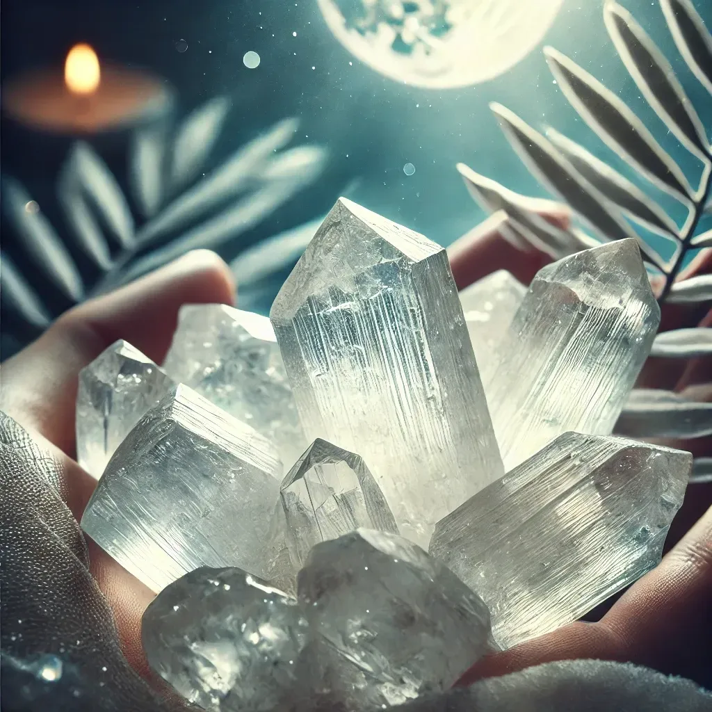 Hands holding a glowing clear crystal cluster with soft moonlight and leaves in the background Selenite