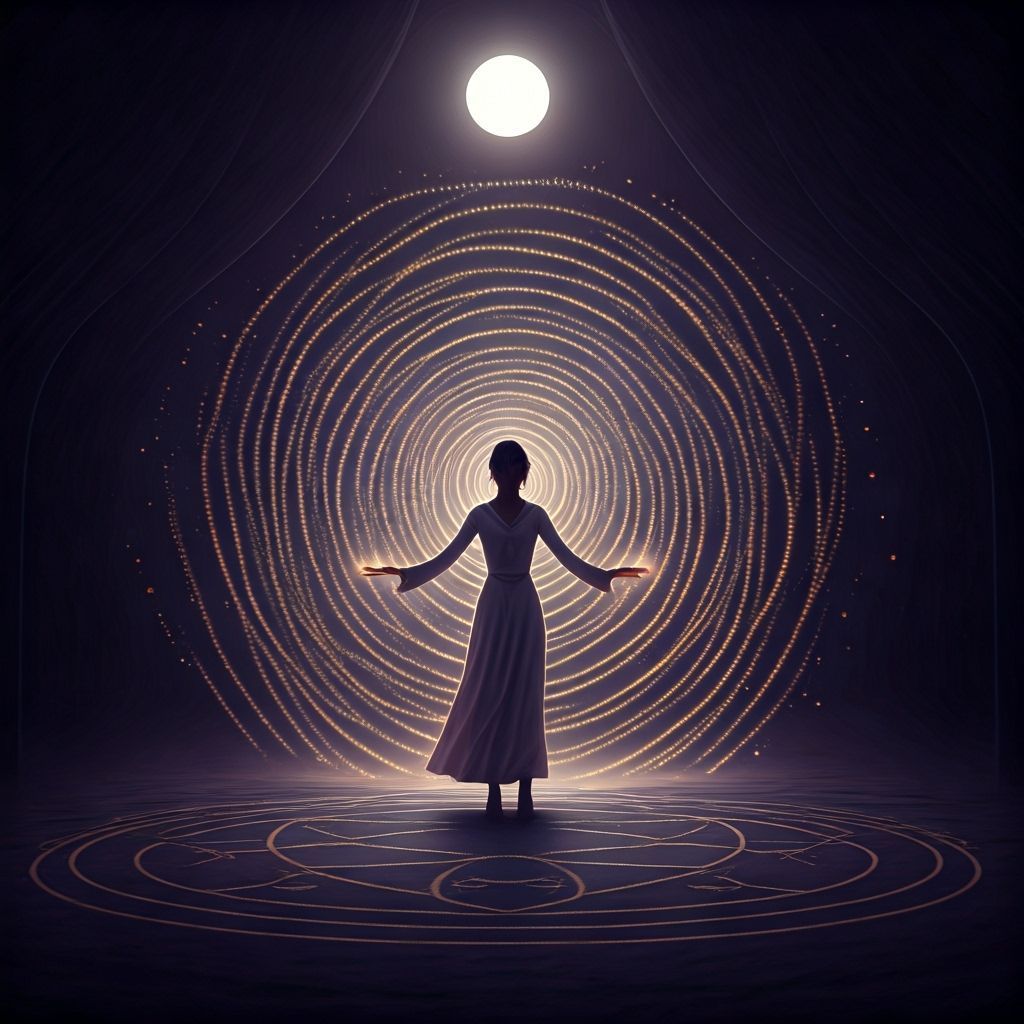 Woman with outstretched arms, facing glowing circles. Inside, a bright sphere.