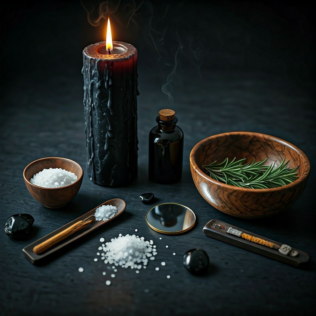 Black candle lit beside ritual objects: salt, herbs, dark stones, and a bottle on a dark surface.