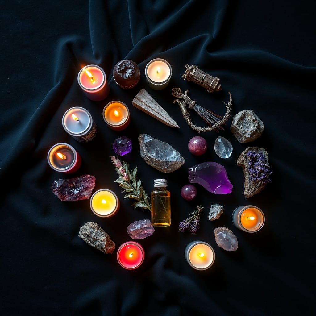 A circular arrangement on black fabric with lit candles, crystals, dried herbs, and a small bottle, suggestive of a ritual.