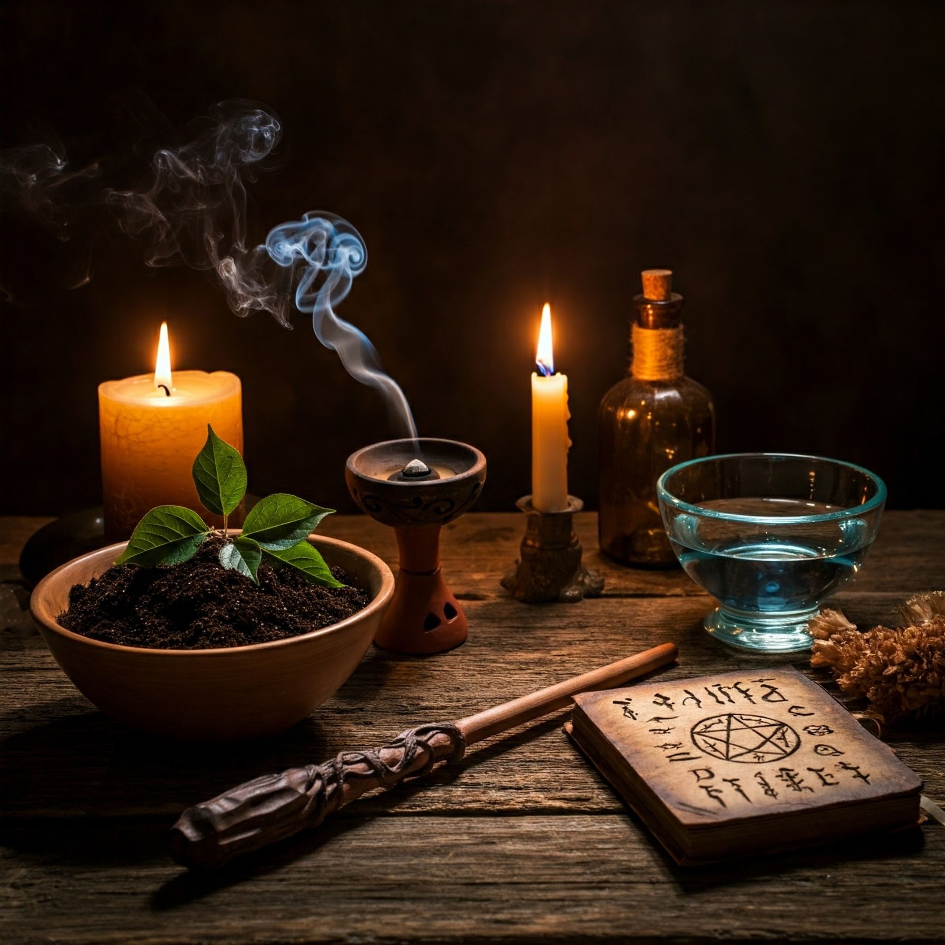 A mystical scene with candles, a smoking incense burner, and a spell book on a wooden table.