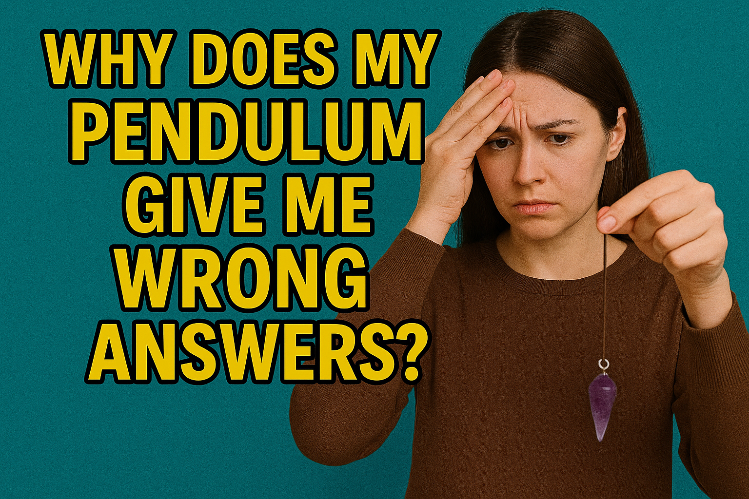 Woman holding a pendulum with text: “Why does my pendulum give me wrong answers?”