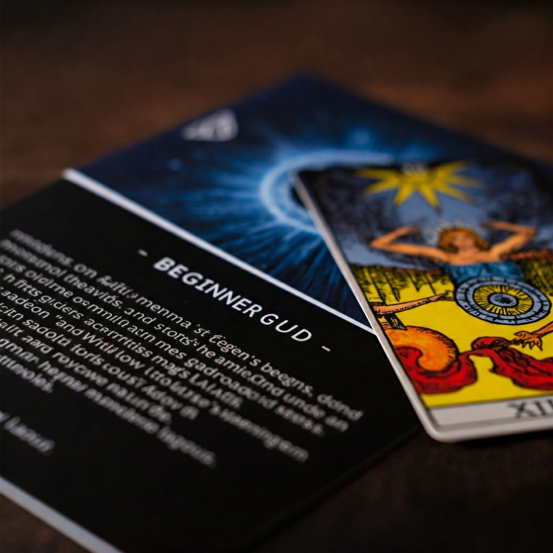A tarot card and a card with text 
