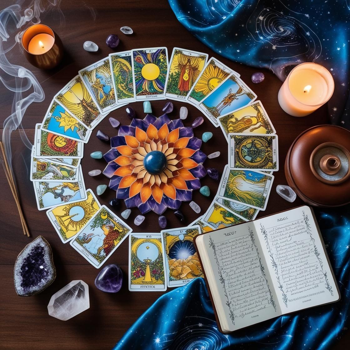 Tarot cards arranged in a circle around candles, crystals, an open journal, and a flower centerpiece