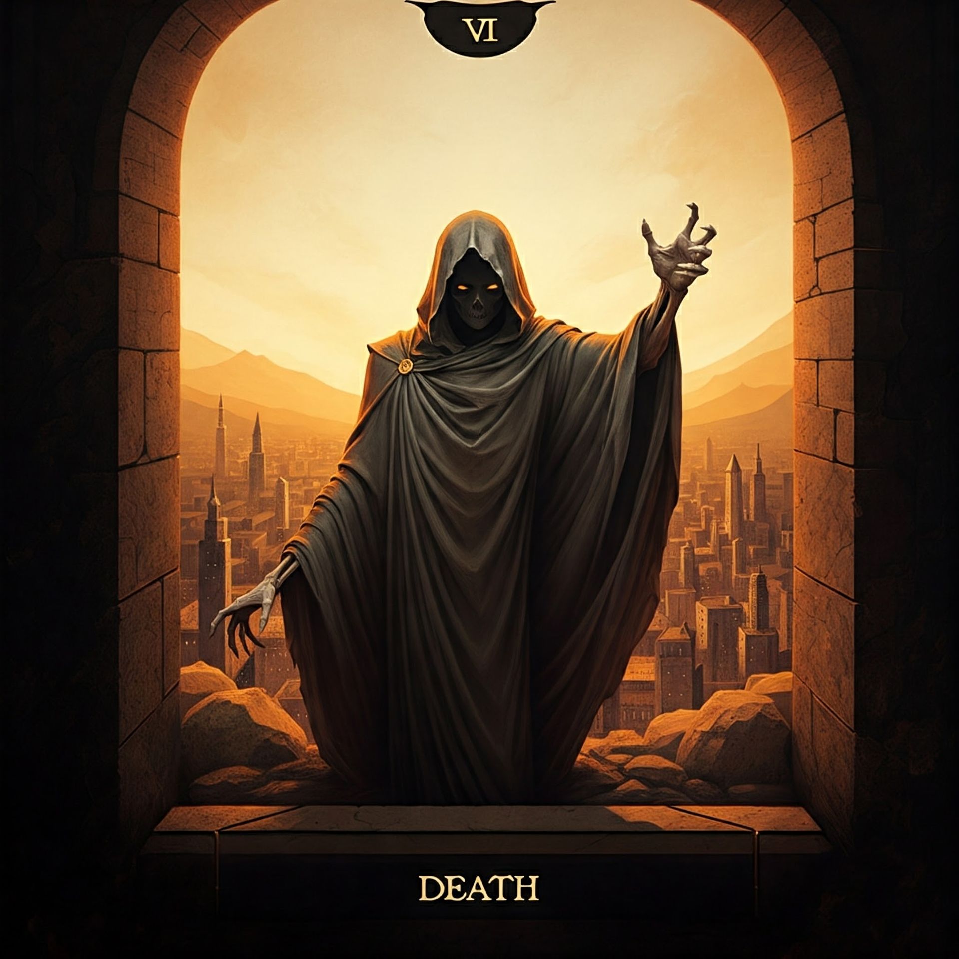 A hooded figure, Death, stands in an arched doorway overlooking a city at sunset. The card reads 