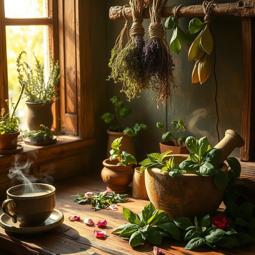 Sunlit rustic kitchen windowsill with potted herbs, hanging plants, and a tea cup on a wooden table